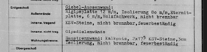 Tabelle zu Wandbauteilen: Außenwand, Dämmung, Rigipsplatten, Kalkputz, KSV-Steine