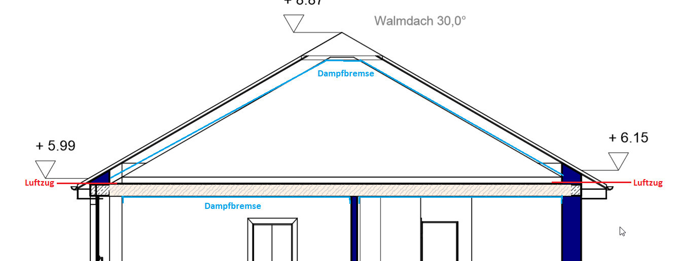 Querschnitt durch Walmdach eines Hauses mit Dampfbremse, Luftzuglinien und Dachkonstruktion.