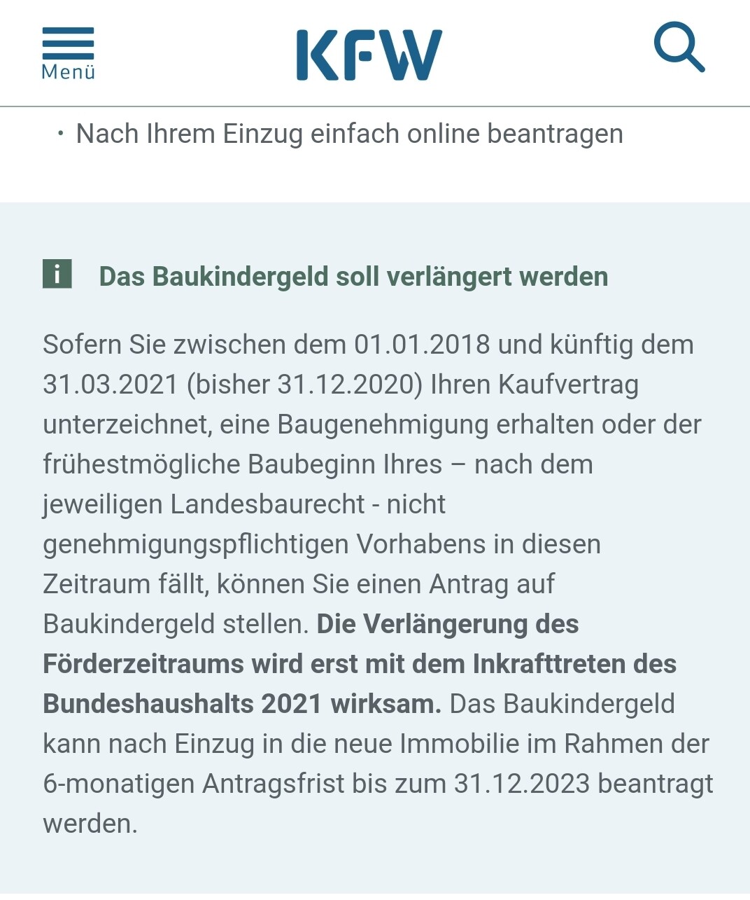 KfW-Website: Hinweis zur Verlängerung des Baukindergeldes (Info-Box).