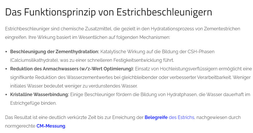 Folie: Funktionsprinzip von Estrichbeschleunigern mit drei Wirkmechanismen.