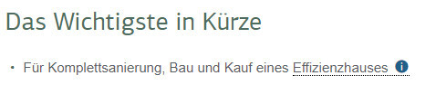 Titel Das Wichtigste in Kürze mit Hinweis zu Sanierung, Bau und Effizienzhaus.