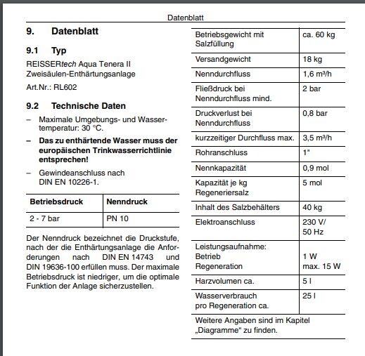 Technische Daten eines Wasseraufbereitungs- bzw. Enthärtungsgeräts (Datenblatt)