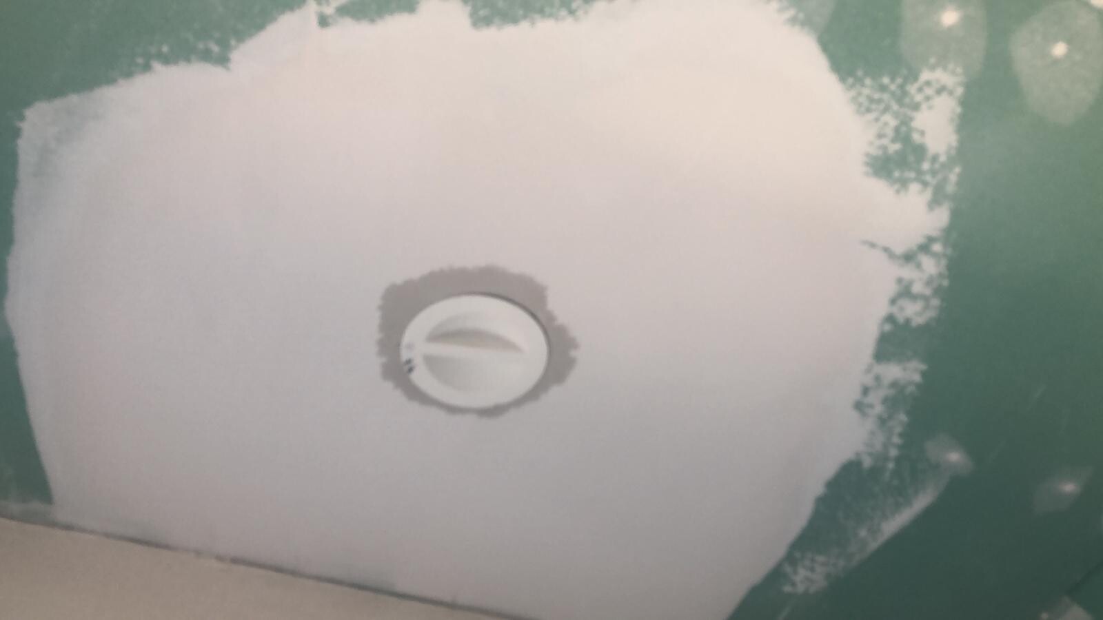 Runder weißer Knopf auf heller Putzfläche, grün gestrichene Wand im Hintergrund.