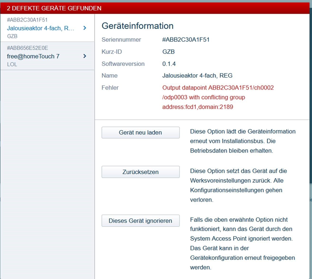 Geräteinformation: Seriennummer ABB2C30A1F51, Name Jalousieaktor 4-fach, Fehler Konfliktadresse.