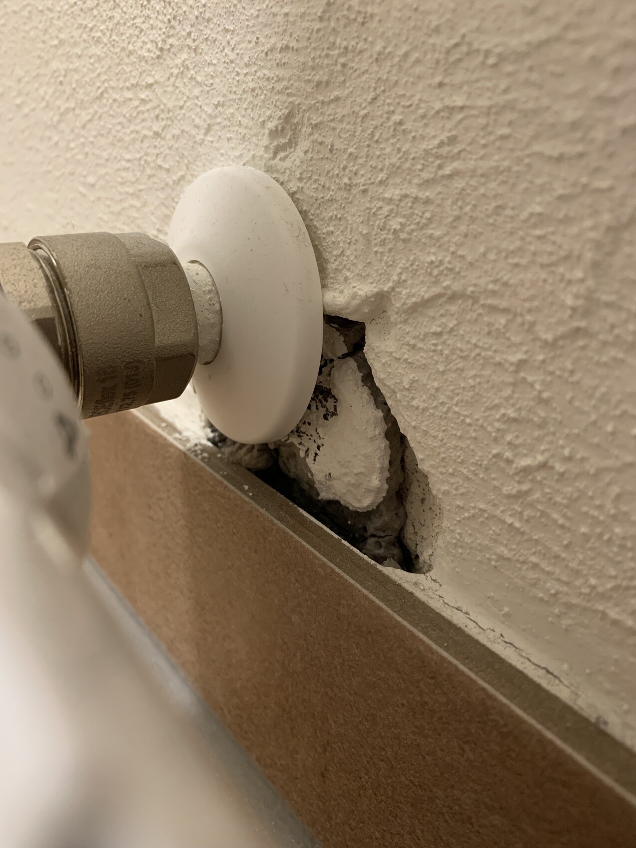 Nahaufnahme einer Sanitärverbindung mit weißem Abdeckring an verputzter Wand, Riss sichtbar.