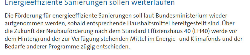 Ausschnitt eines Artikels: Überschrift 'Energieeffiziente Sanierungen sollen weiterlaufen' und Text.