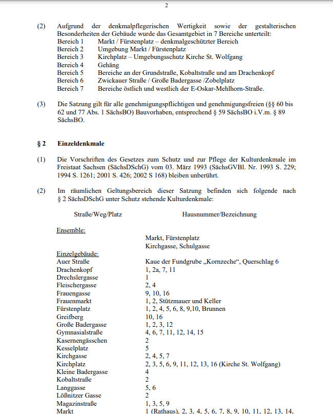 Textseite mit Aufstellung der 7 Denkmalbereiche und Straßennamen.
