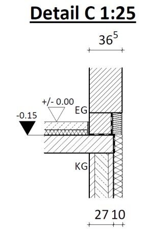 Detail eines Wand- und Fundamentbereichs mit Erdgeschoss und Kellergeschoss, Maßstab 1:25
