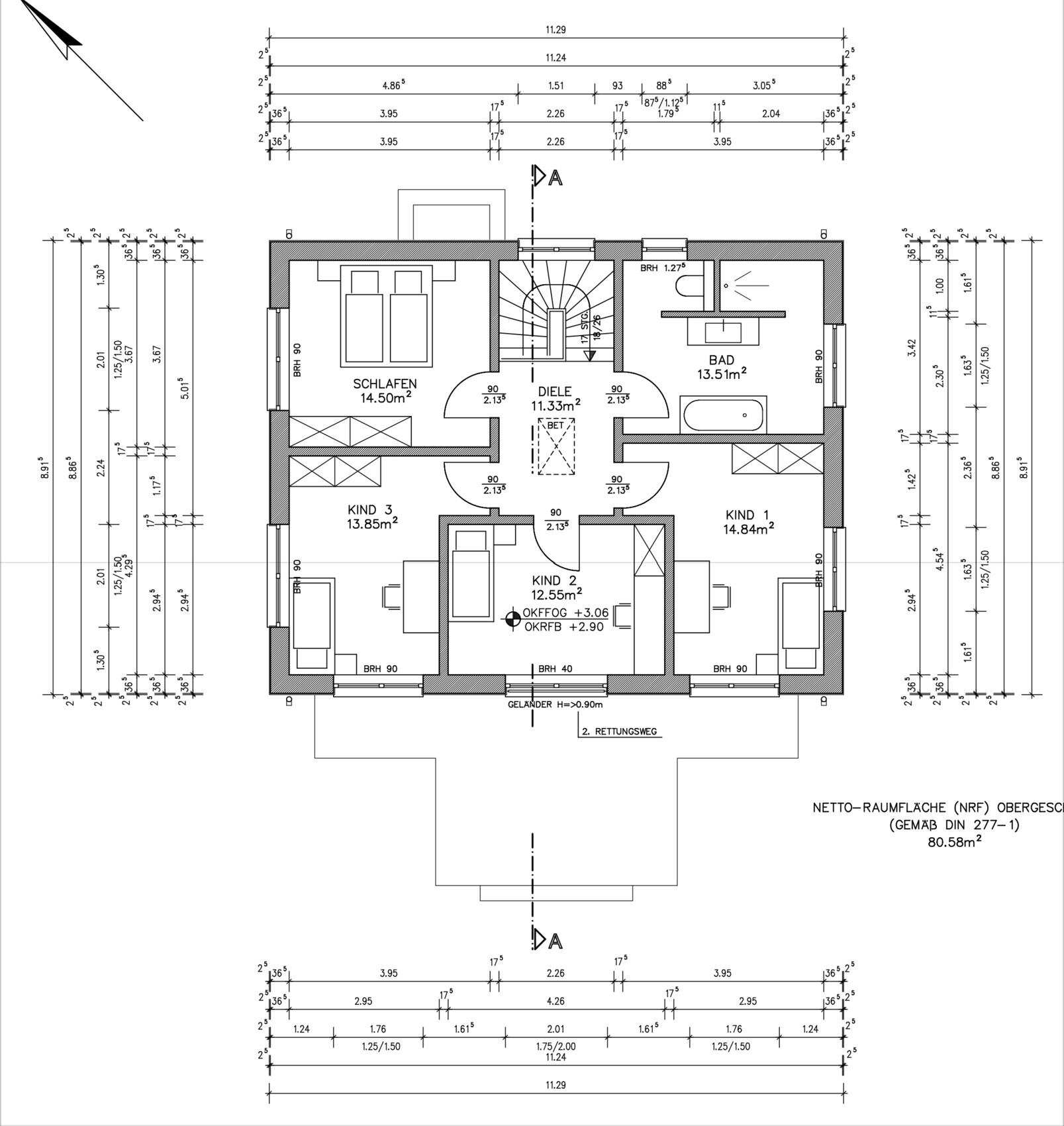 Detailgetreuer Grundriss eines Wohnhauses mit Schlafzimmern, Kinderzimmer, Bad und Flur.