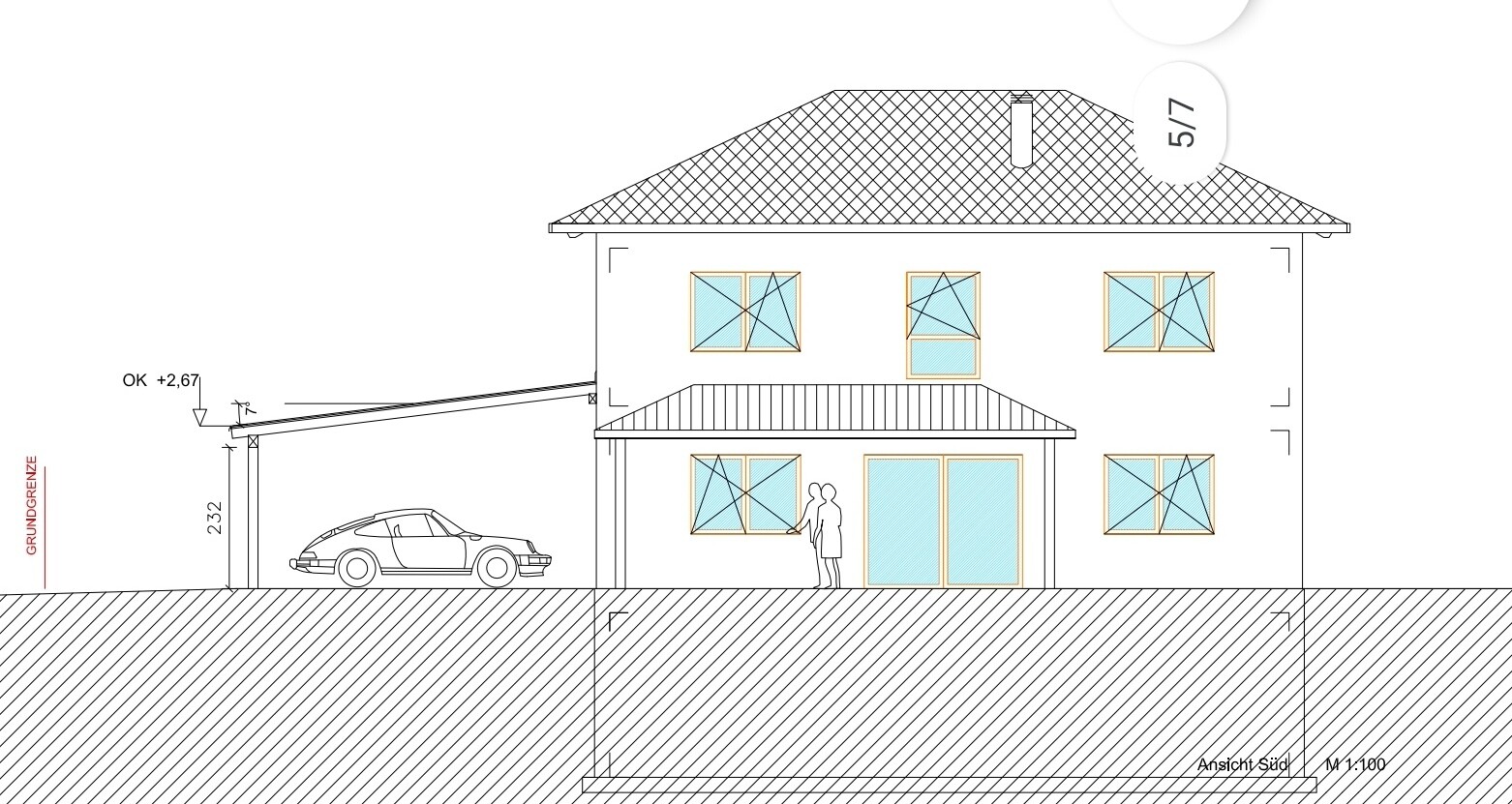 Zweistöckiges Architektenhaus mit Carport, geparktem Auto und zwei Personen am Eingang.