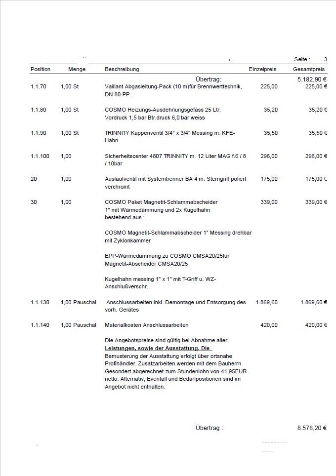 Preis- und Positionsliste mit Mengen, Beschreibung, Einzel- und Gesamtpreisen; Gesamt 8.578,20 €.