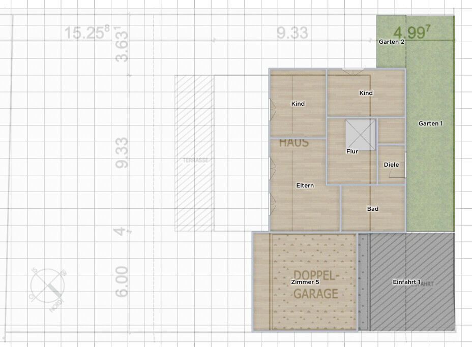 Grundriss eines Hauses: Eltern- und Kindzimmer, Bad, Diele, Flur, Terrasse, Doppelgarage, Garten.