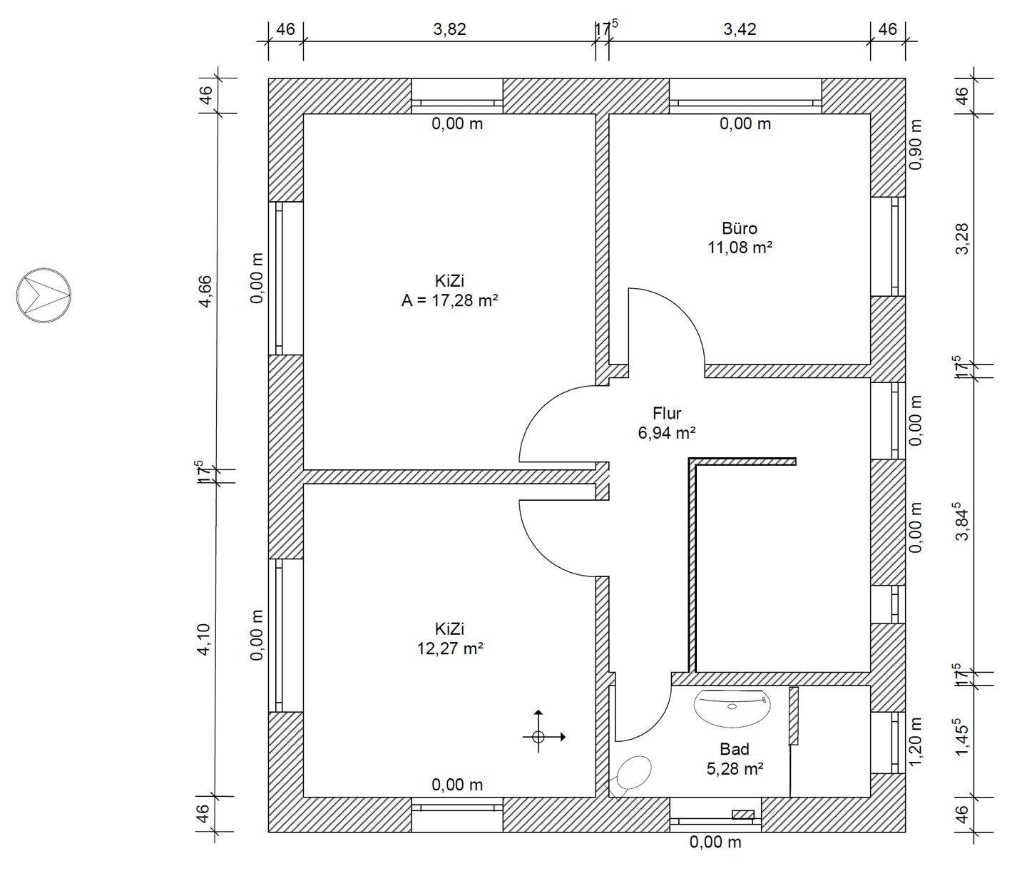 Grundriss: zwei KiZi, Büro, Flur, Bad; Größen 17,28;12,27;11,08;6,94;5,28 m²