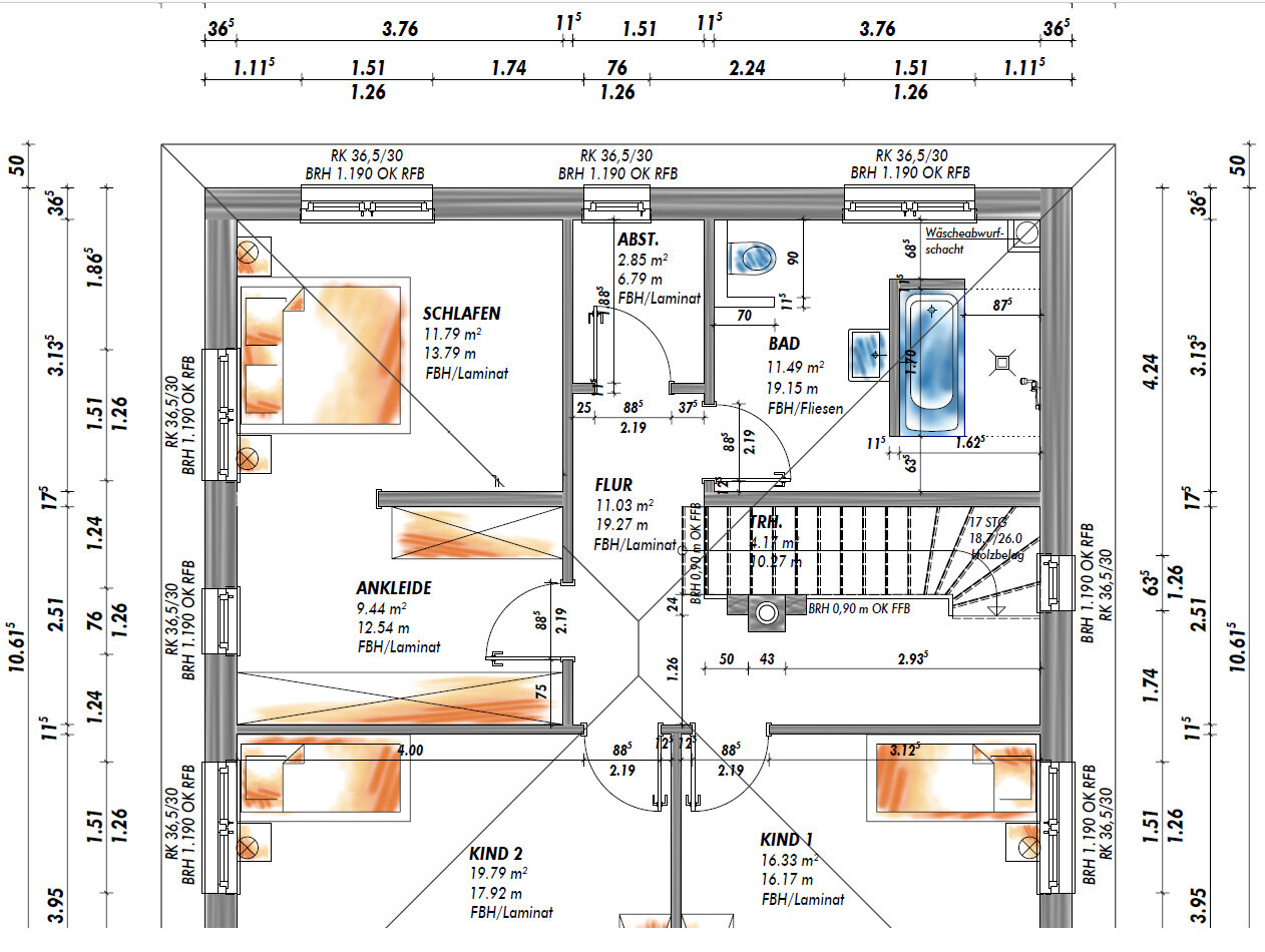 Grundriss OG: Schlafzimmer, Ankleide, Flur, Bad, 2 Kinderzimmer, Treppe, Waschbereich.