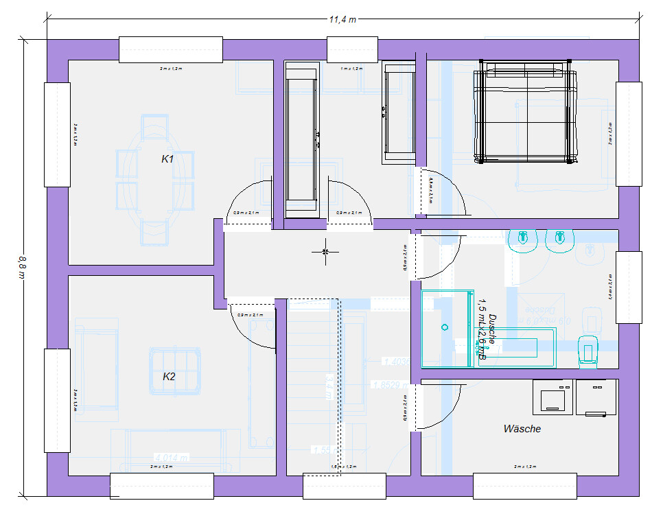 Grundriss: zwei Zimmer K1 und K2, Flur, Dusche, Wäsche, Treppenhaus; Außenmaße 11,4x8,8 m.