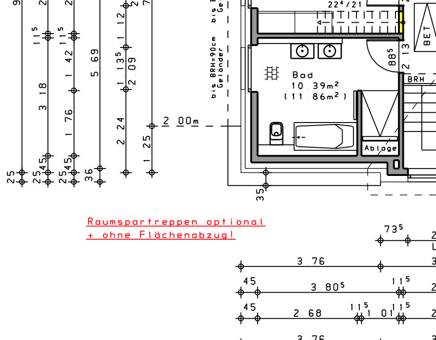 Architektur-Grundriss mit Bad, Garage und Ablage; rote Notiz: Raumspartreppen optional.