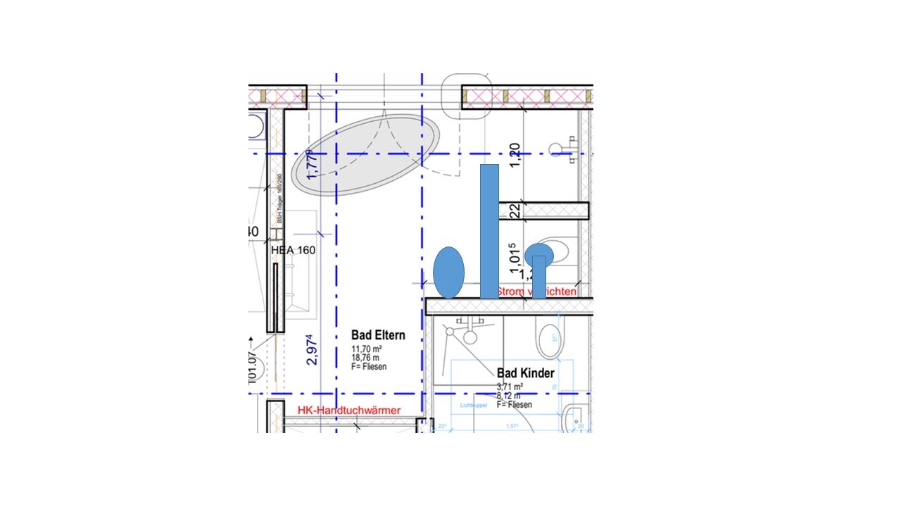 Grundriss eines Badezimmer-Layouts mit Elternbad und Kinderbad, Badewanne und Toilette