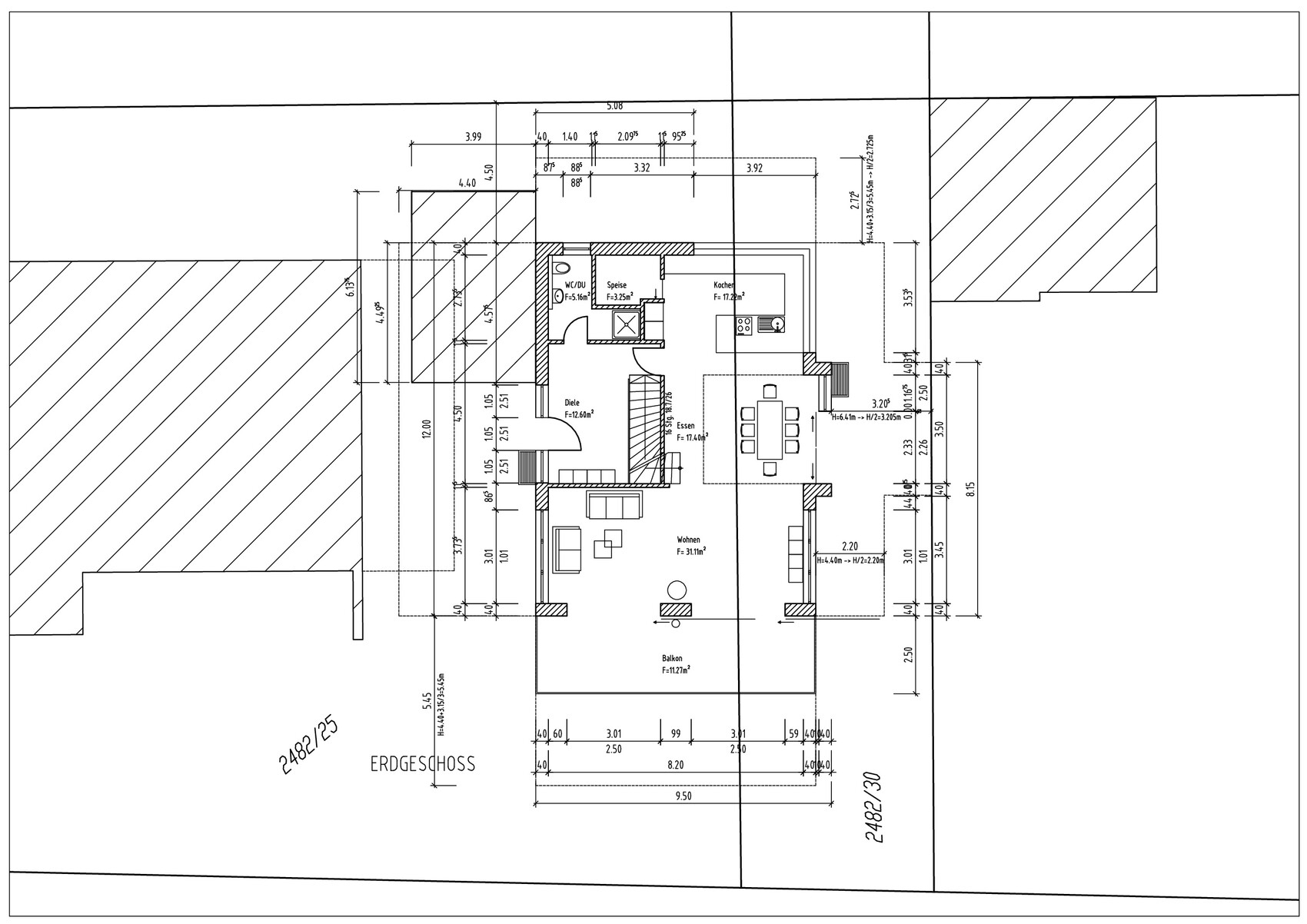 Grundriss Erdgeschoss: Wohnen, Essen, Kochen, Speise, Diele, WC/DU, Balkon.