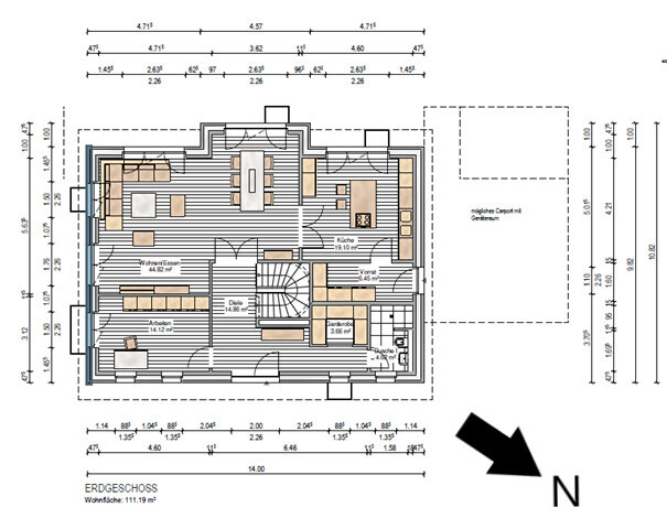 Grundriss Erdgeschoss eines Hauses mit Wohnzimmer/Essbereich, Küche, Diele, Garderobe und Bad.