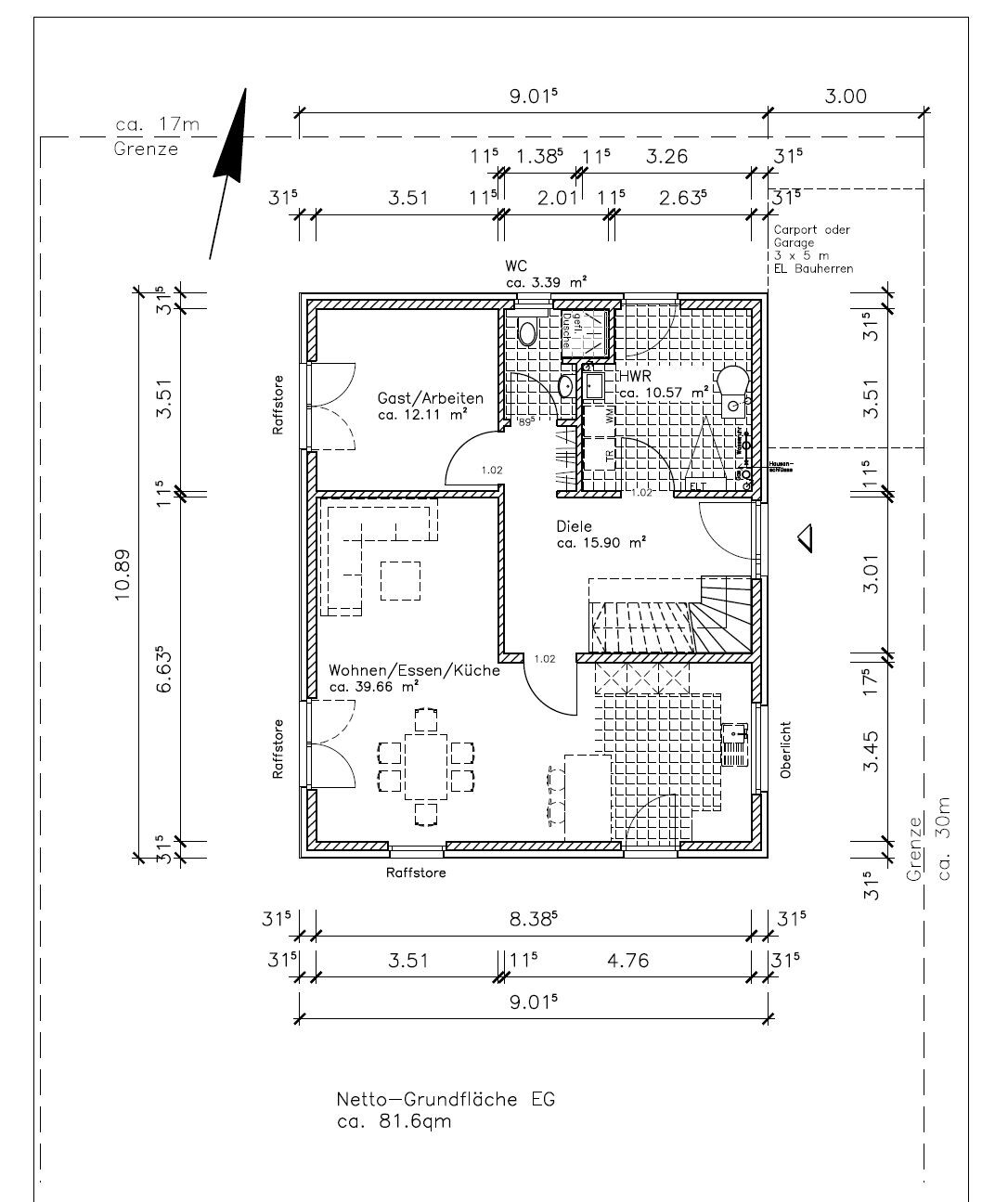 Grundriss Erdgeschoss: Wohnen/Essen/Küche, Gast/Arbeiten, Diele, WC, HWR, Treppe.