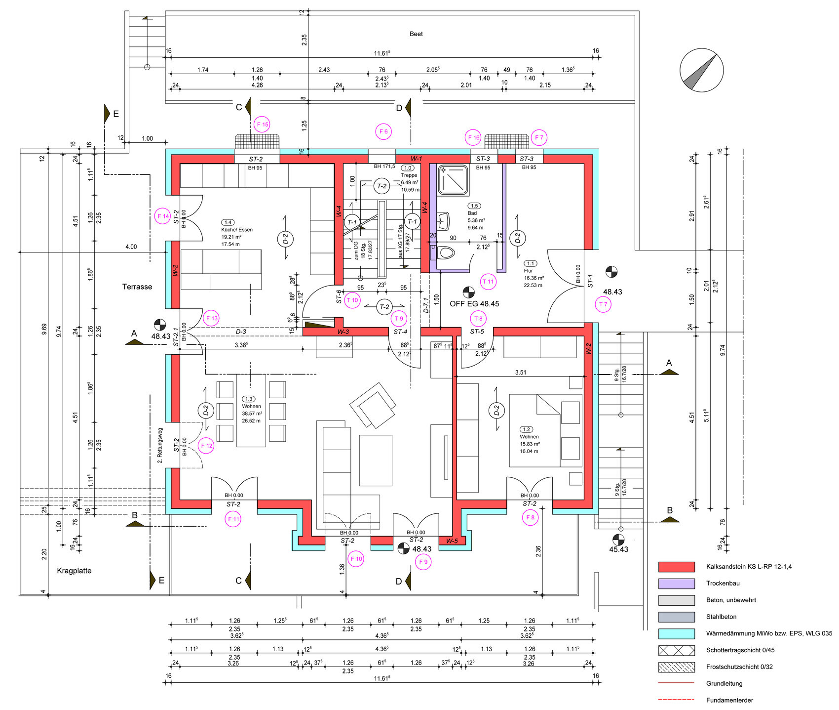 Detaillierter Grundriss eines Hauses mit Küche, Wohnzimmer, Terrasse, Treppen und Maßen.