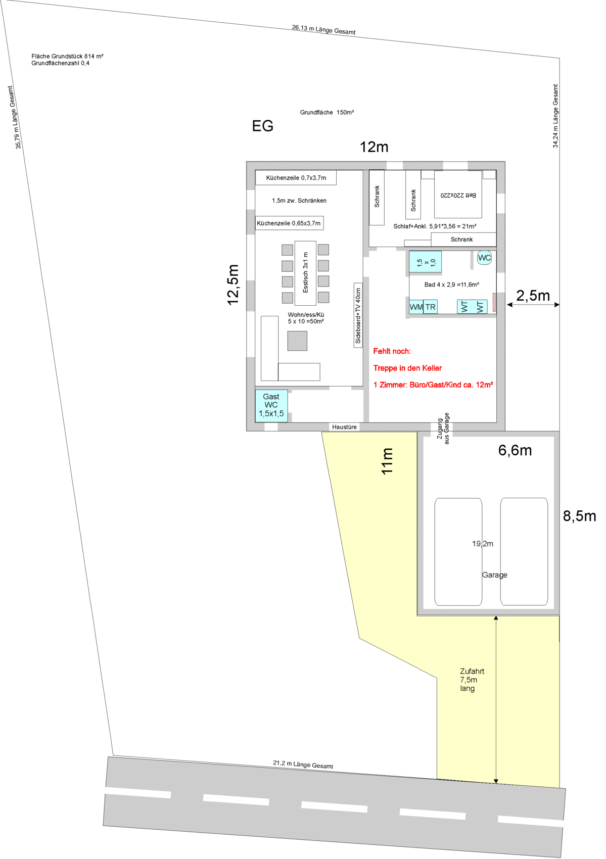 Grundriss-EG: Wohnbereich, Küche, Bad, WC, Schlafzimmer, Garage und Zufahrt.