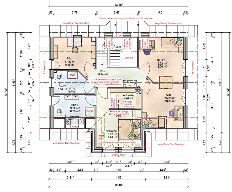 Grundriss-Dachgeschoss: Büro, Schlafen, Bad, Ankleide, 2 Kinderzimmer, Flur, Treppe