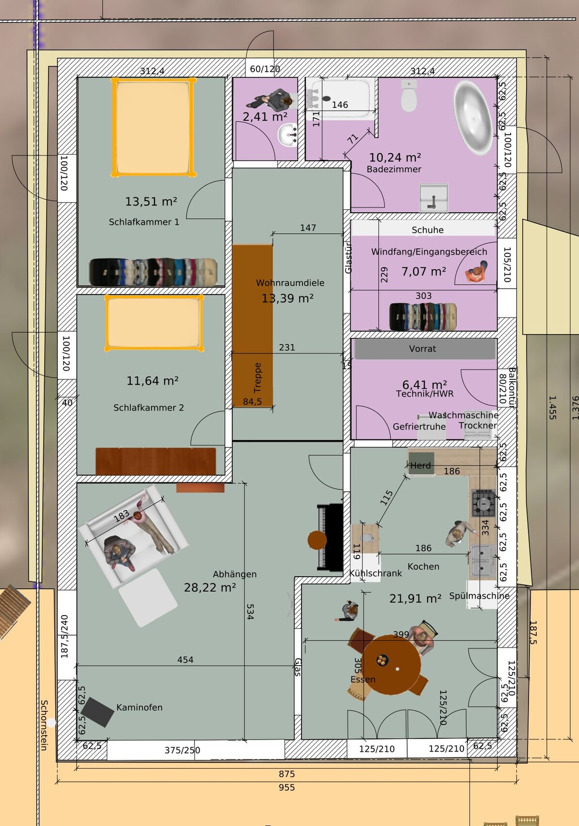 Grundriss eines Hauses: zwei Schlafkammern, Wohnraum, Küche, Bad, Vorrat, Technik/HWR, Essen