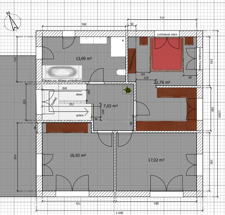 Grundriss eines Hauses mit mehreren Räumen, Bad, Küche, Schlaf- und Wohnbereich