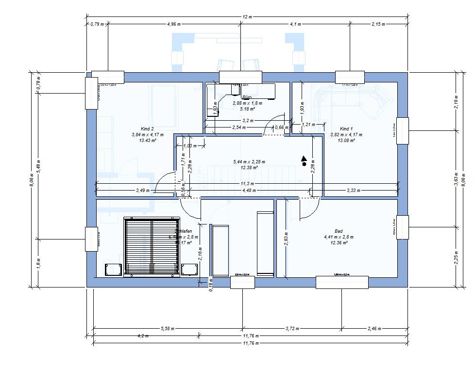 Grundriss eines Hauses: mehrere Räume (Kind 1, Kind 2, Bad) mit Maßangaben und Wänden.