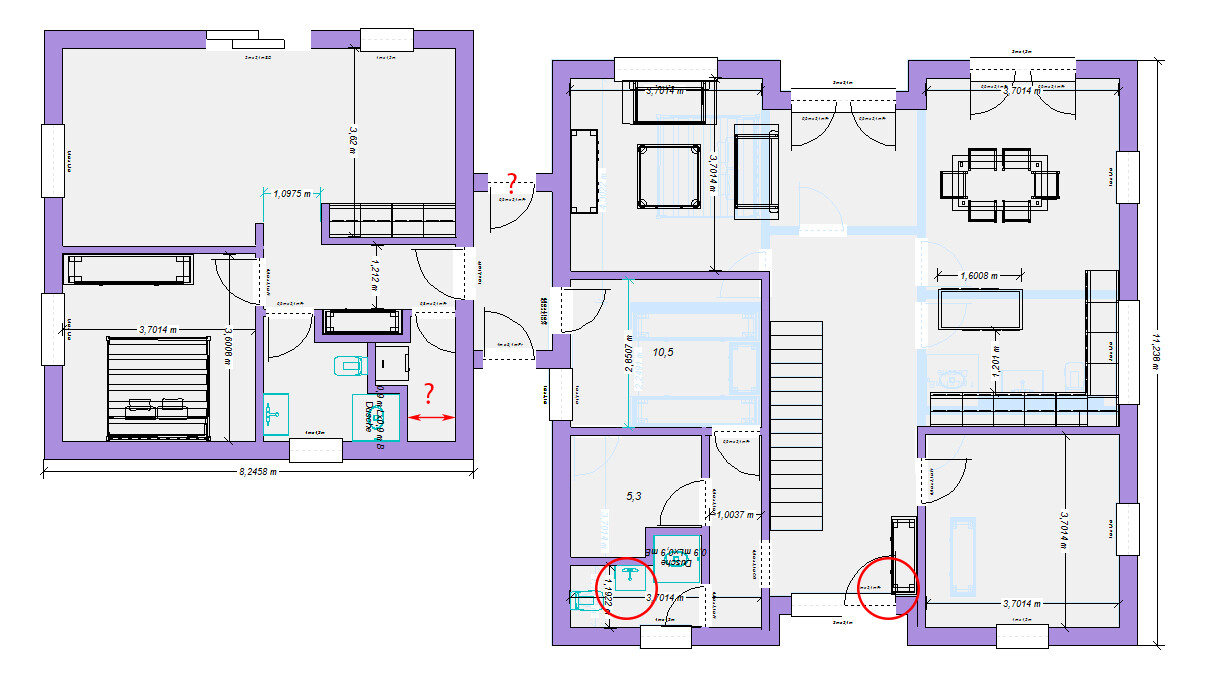 Grundriss eines Hauses mit mehreren Zimmern, Türen, Treppen und Maßlinien; rote Markierungen