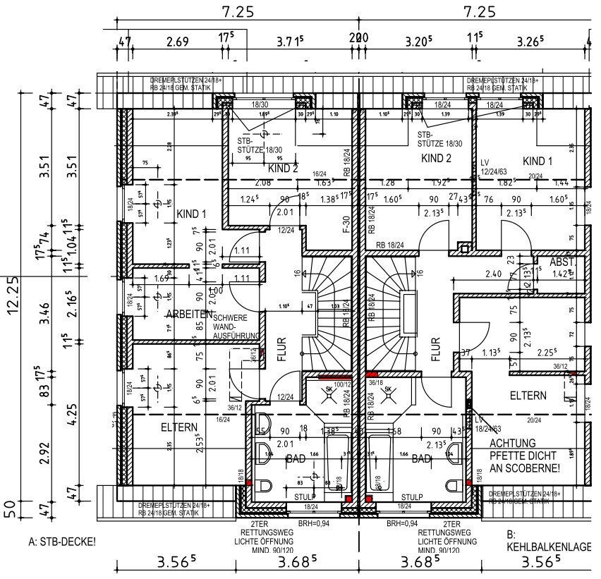 Grundriss eines Hauses mit KIND 1, KIND 2, ELTERN, BAD, FLUR, Treppen