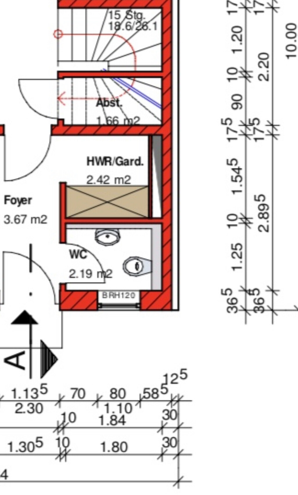 Grundriss eines Hauses: Treppenhaus, Abstellraum, Foyer, WC und HWR/Gard.