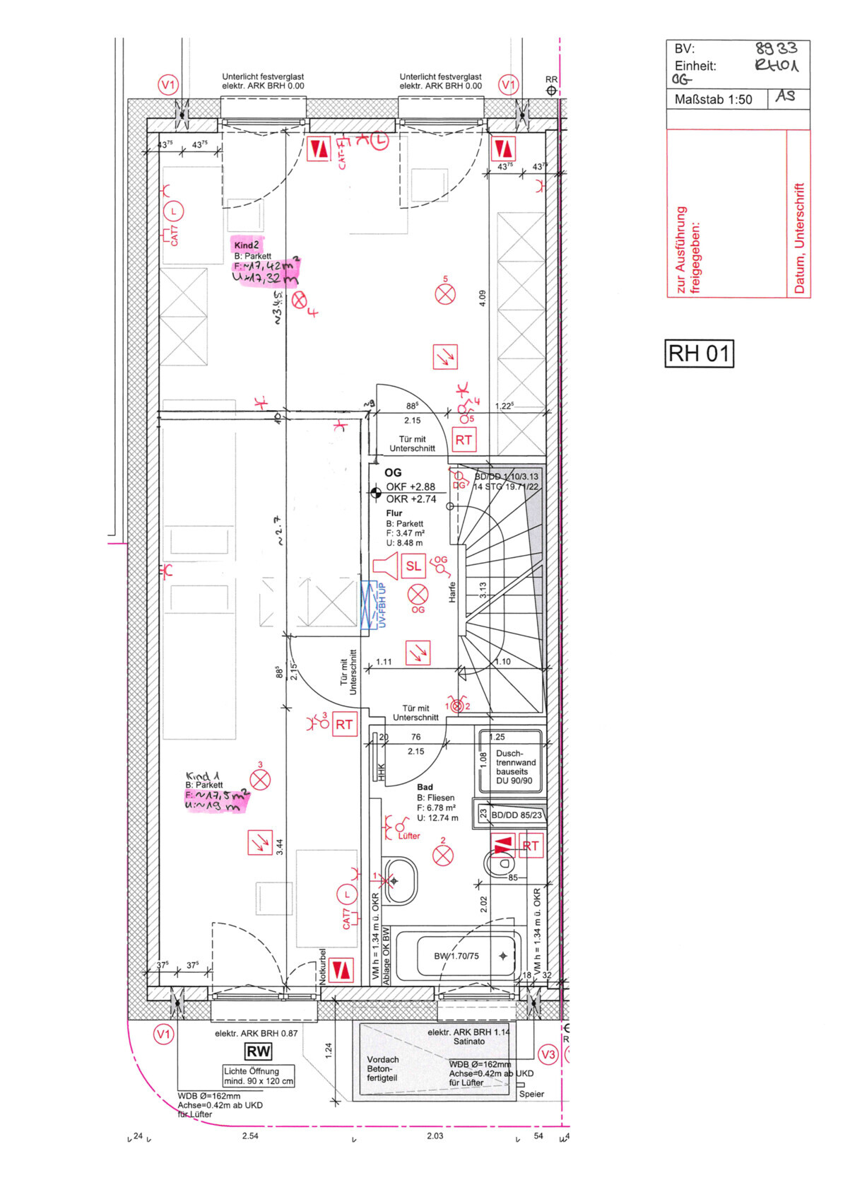Grundriss eines Wohnhauses: Treppenhaus, Türen, Möbel, Räume wie Bad, Flur, Kinderzimmer.