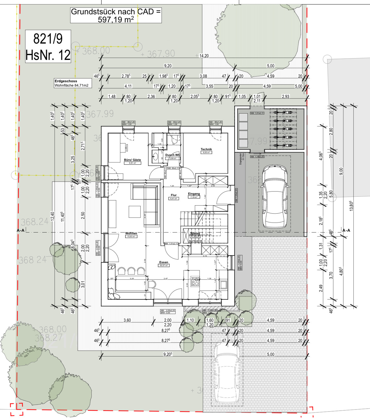 Detailierter 2D-Grundriss eines Einfamilienhauses mit Grundstücksgrenze, Garage und Garten