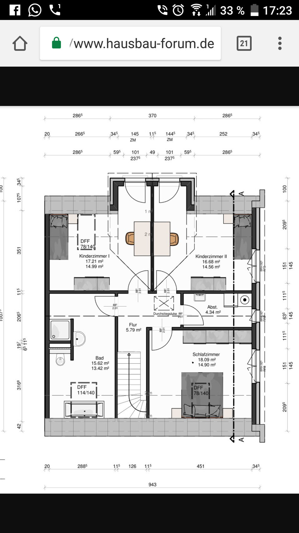 Grundriss eines Hauses (Obergeschoss): Flur, Bad, Schlafzimmer, zwei Kinderzimmer, Abstellraum.