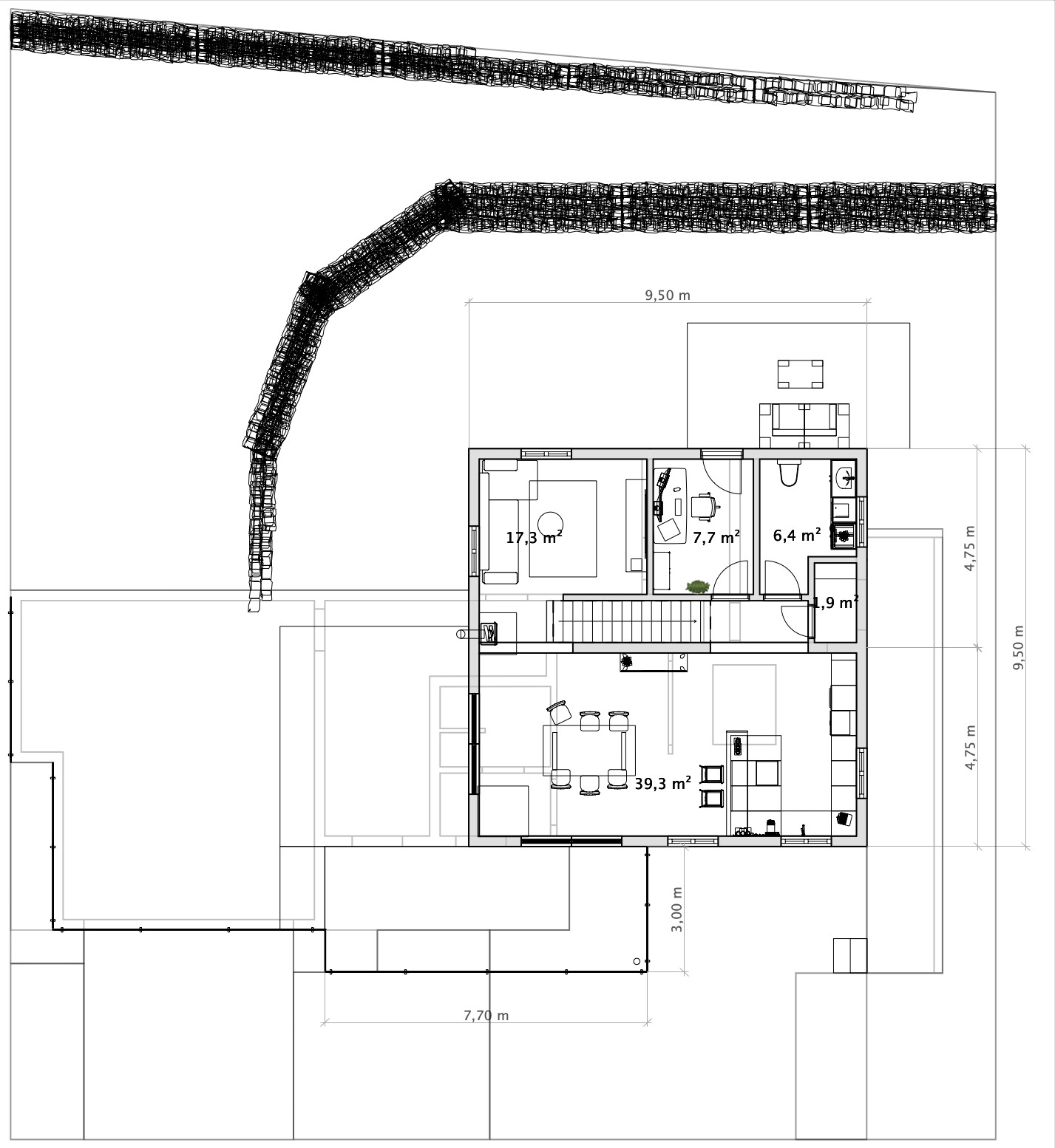 Grundriss eines Hauses: Wohnzimmer 39,3 m², Schlafzimmer 17,3 m², Büro 7,7 m², Bad 6,4 m², Außenbereich.