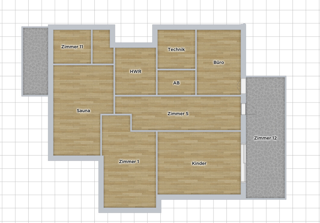 Grundriss: Räume wie Zimmer 1, 5, 11, 12, Kinder, Büro, Technik, Sauna.