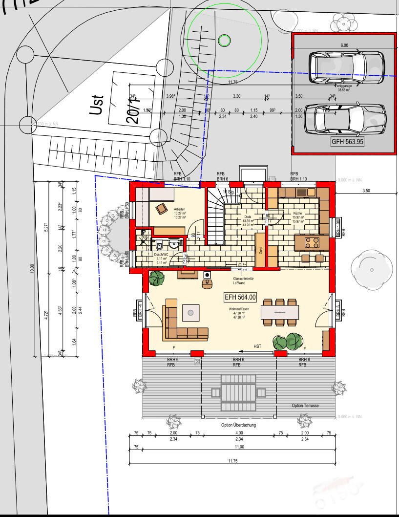Grundriss eines Einfamilienhauses: Wohnzimmer, Küche, Terrasse, Garten, Einfahrt, Garage.