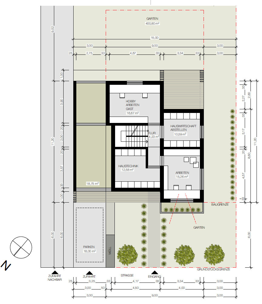 Grundriss eines Hauses mit Garten Flur Hobby-Arbeiten Hauswirtschaft Haustechnik und Parkplatz