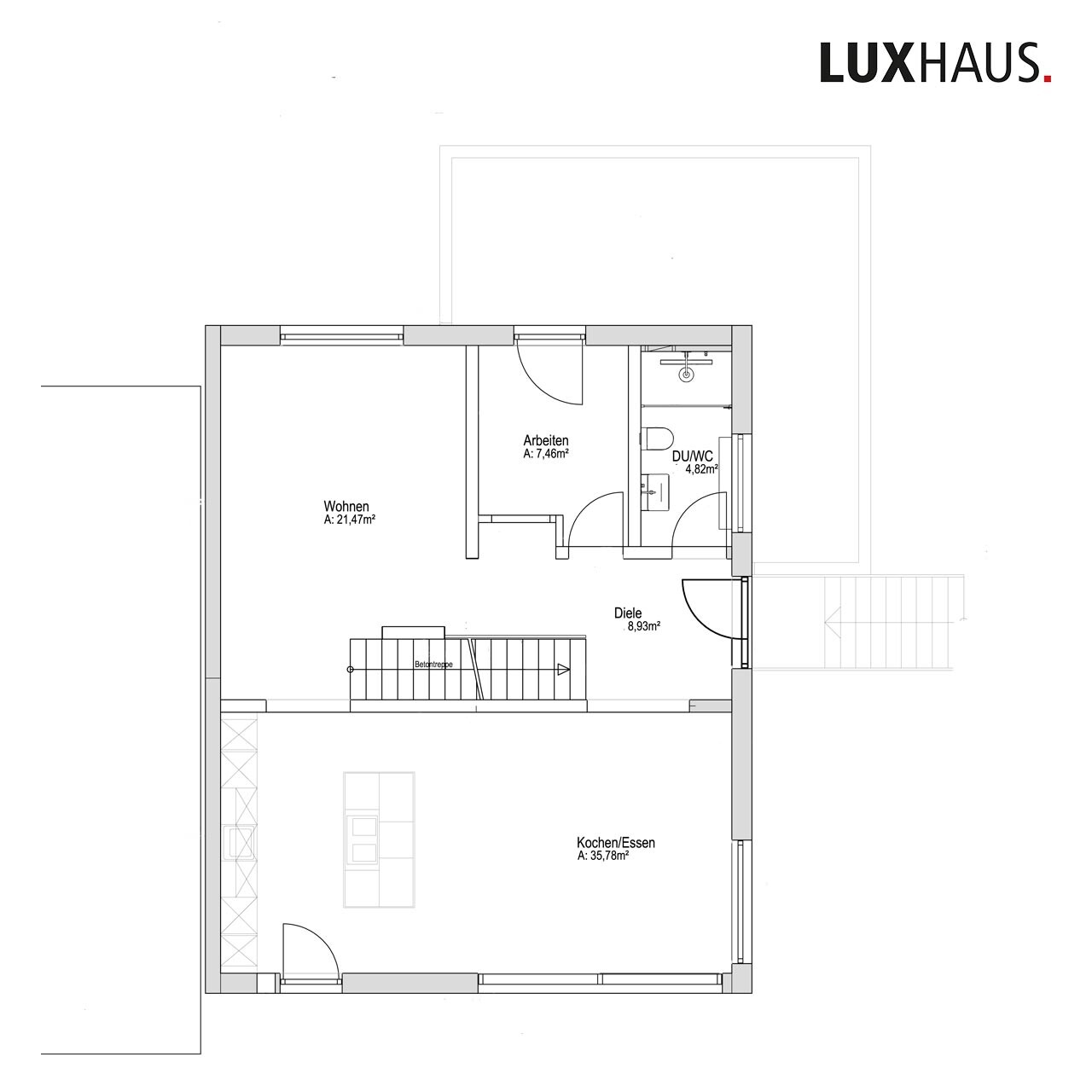 Grundriss: Wohnen, Kochen/Essen, Arbeiten, Diele, DU/WC, Treppe.