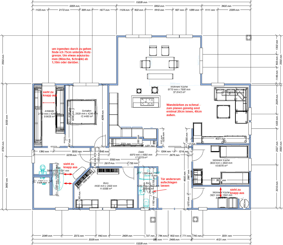 Detaillierter Grundriss eines Einfamilienhauses mit Wohnküche, Schlafzimmer, Büro und Bad