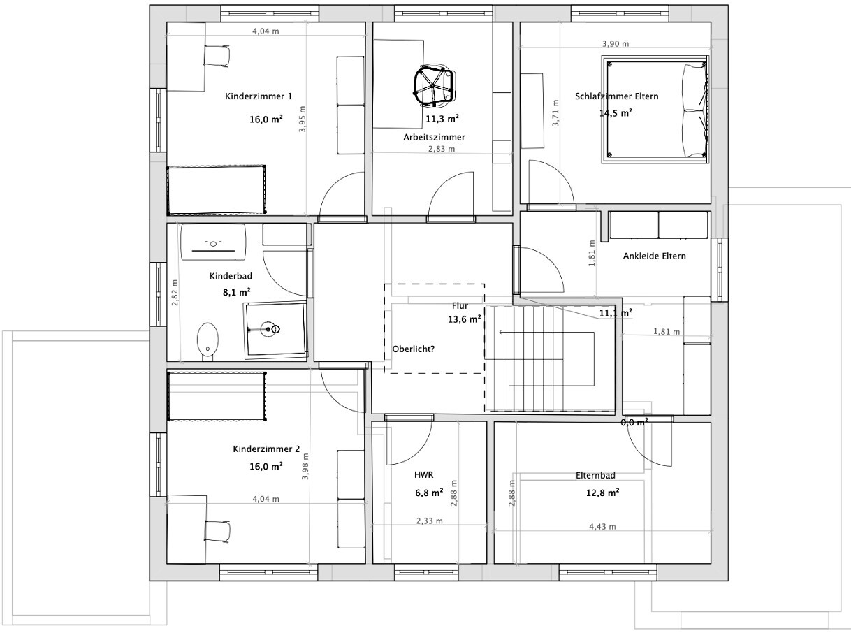 Grundriss eines Hauses mit Kinderzimmern, Elternschlafzimmer, Arbeitszimmer, Flur, HWR.