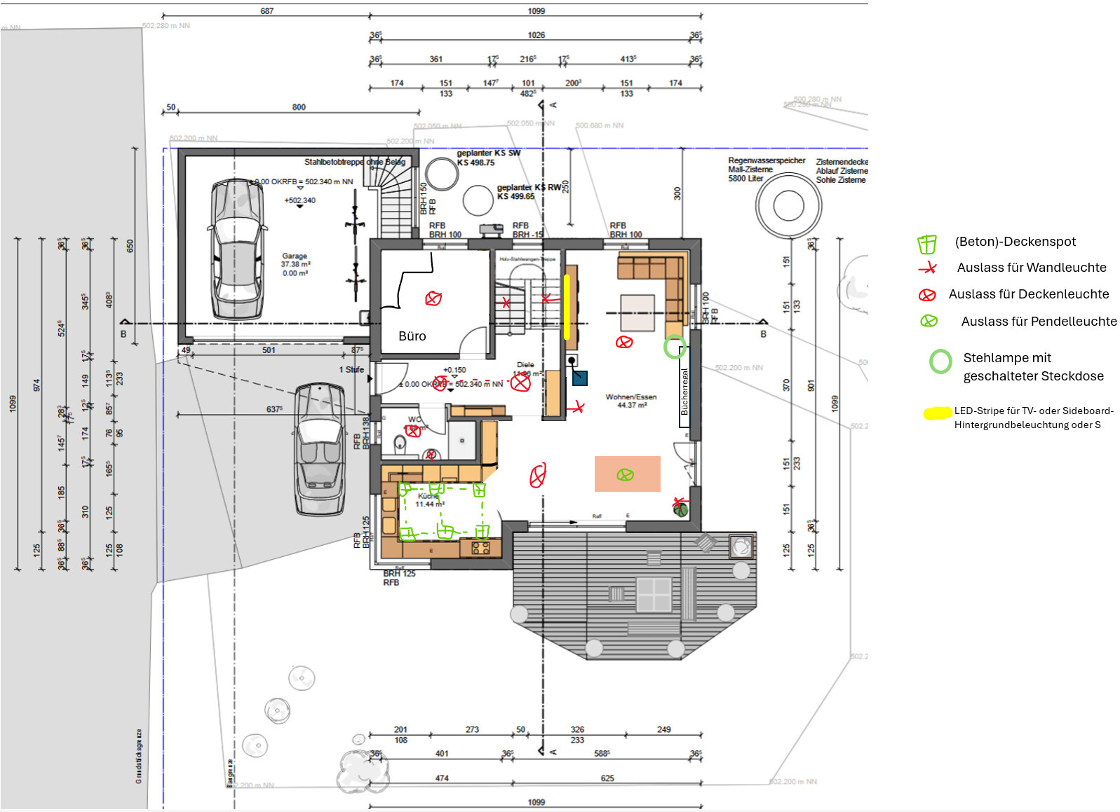 Grundriss eines Hauses mit Garage, Büro, Küche und Wohnzimmer; farbige Leuchten-Symbole und Legende