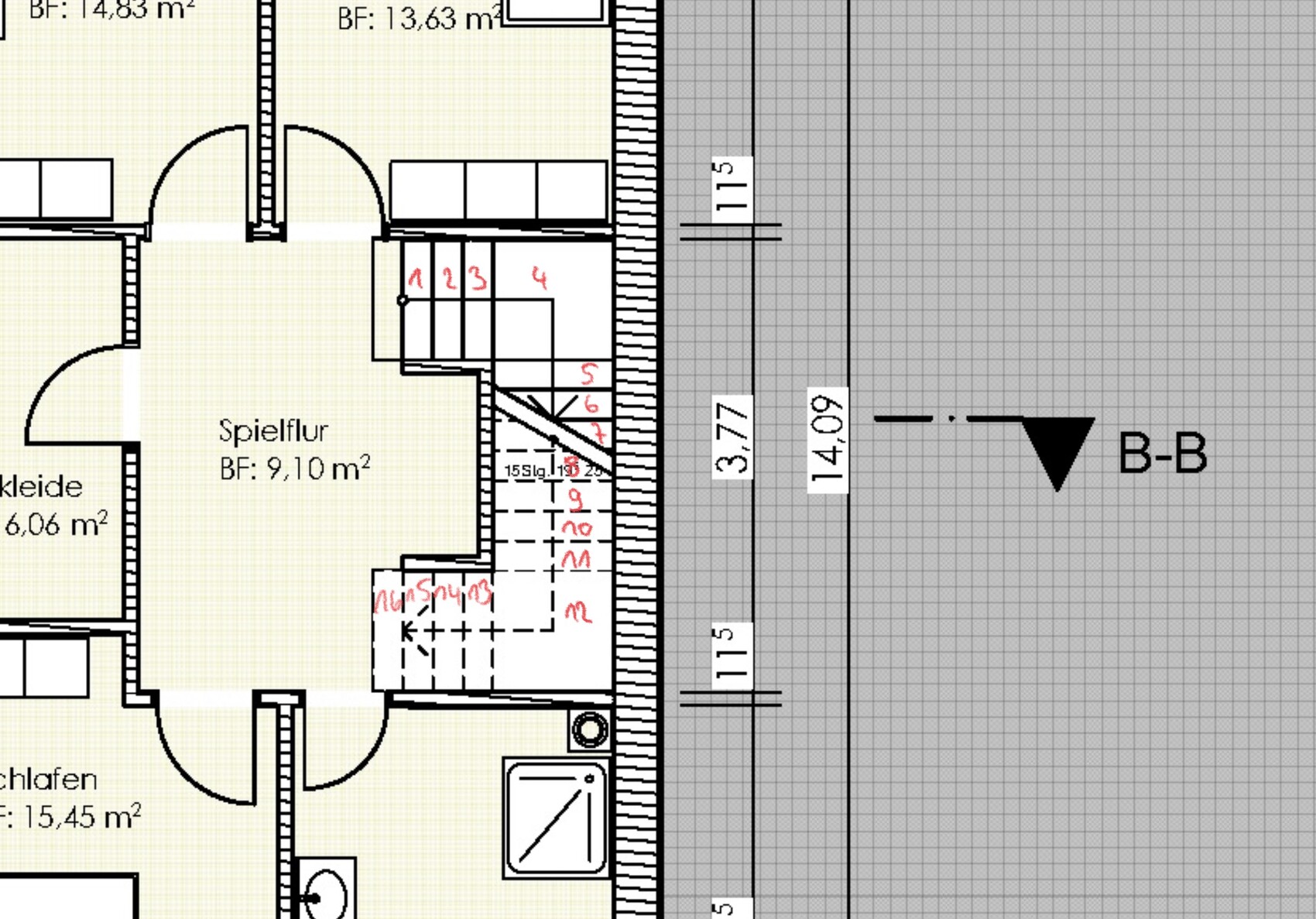 Grundriss eines Wohnhauses: zentraler Flur, Schlafzimmer, Ankleide, Treppe, Badezimmer.