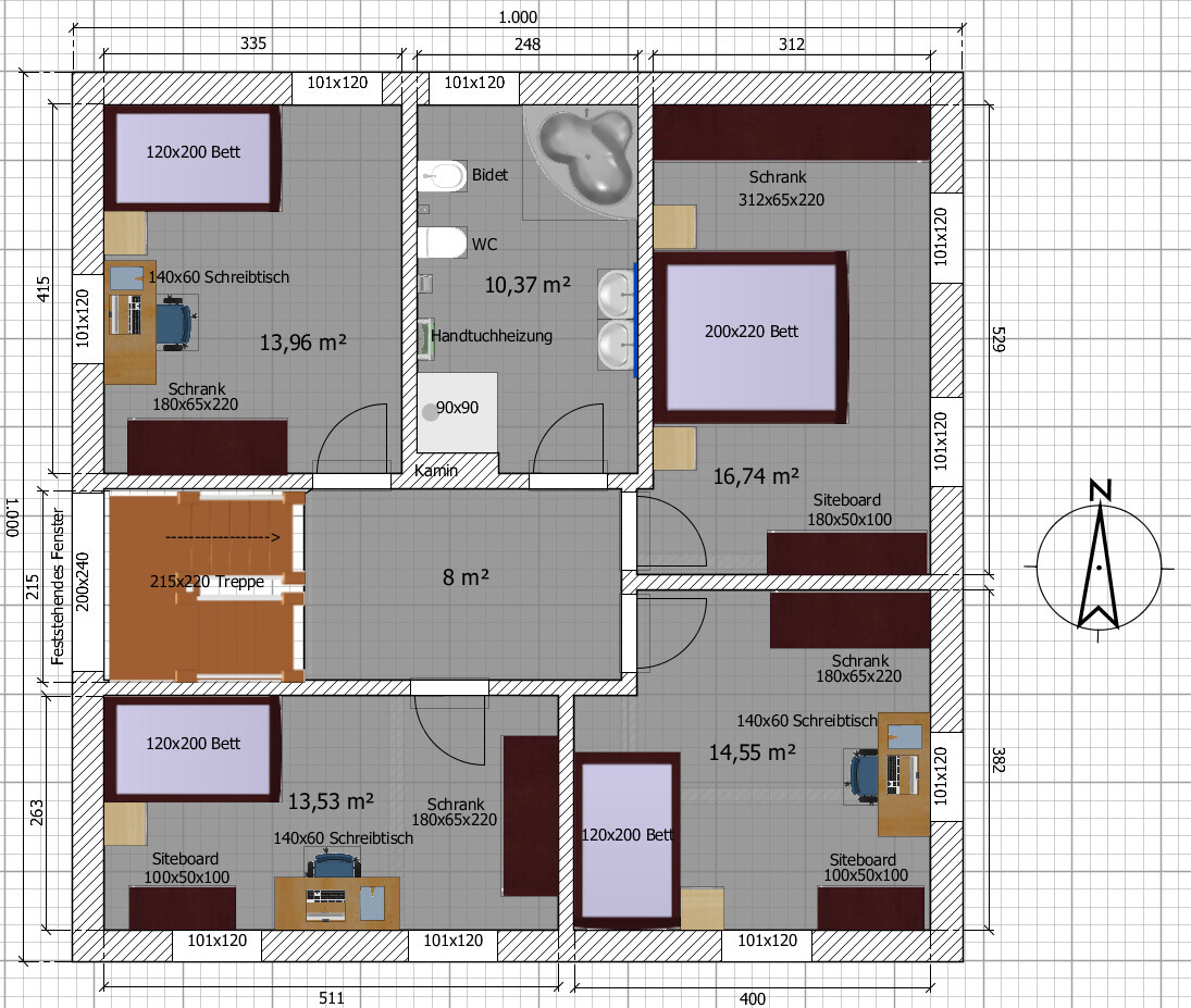 Grundriss eines Wohnhauses mit Schlafzimmern, Arbeitszimmern, Bad, Treppe und Möbeln.