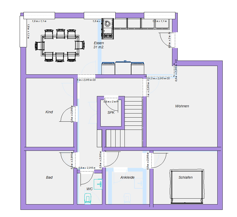 Grundriss eines Hauses: Räume Wohnen, Essen, Küche, Schlafen, Bad, WC, Kind, Ankleide, SPK, Treppe.