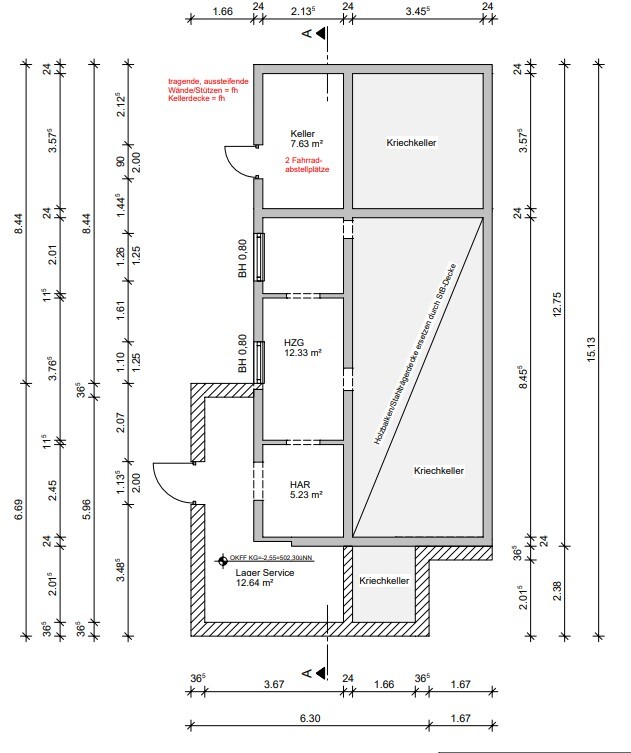 Grundriss Kellergeschoss: Keller-, Kriechkeller-, HAR, HZG, Lager und Service.