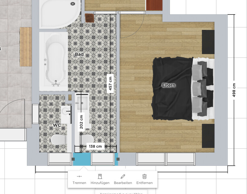 Grundriss eines Wohnraums: Eltern-Schlafzimmer, Bad mit Wanne, WC, Fliesen- und Holzboden.