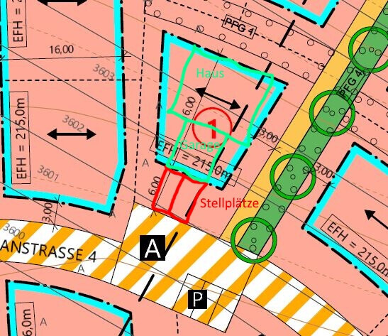 Lageplan: Gebäude, Garage, Stellplätze, Bäume, Straßenmarkierungen.